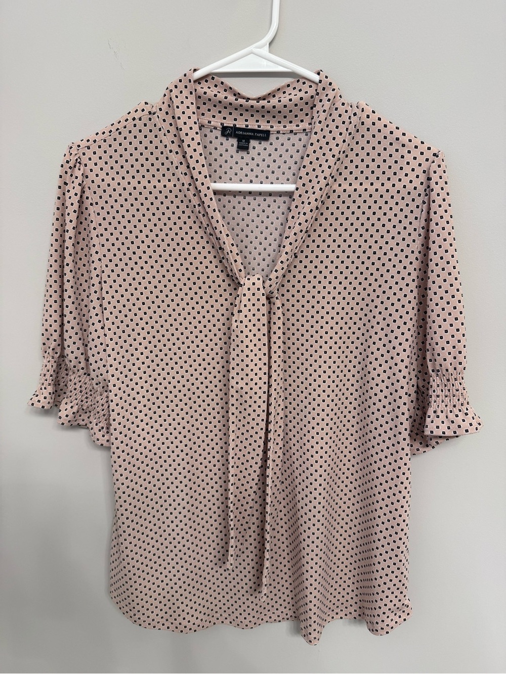 NWOT Adrianna Papell Polka Dot Tie-Neck Blouse in Blush Pink